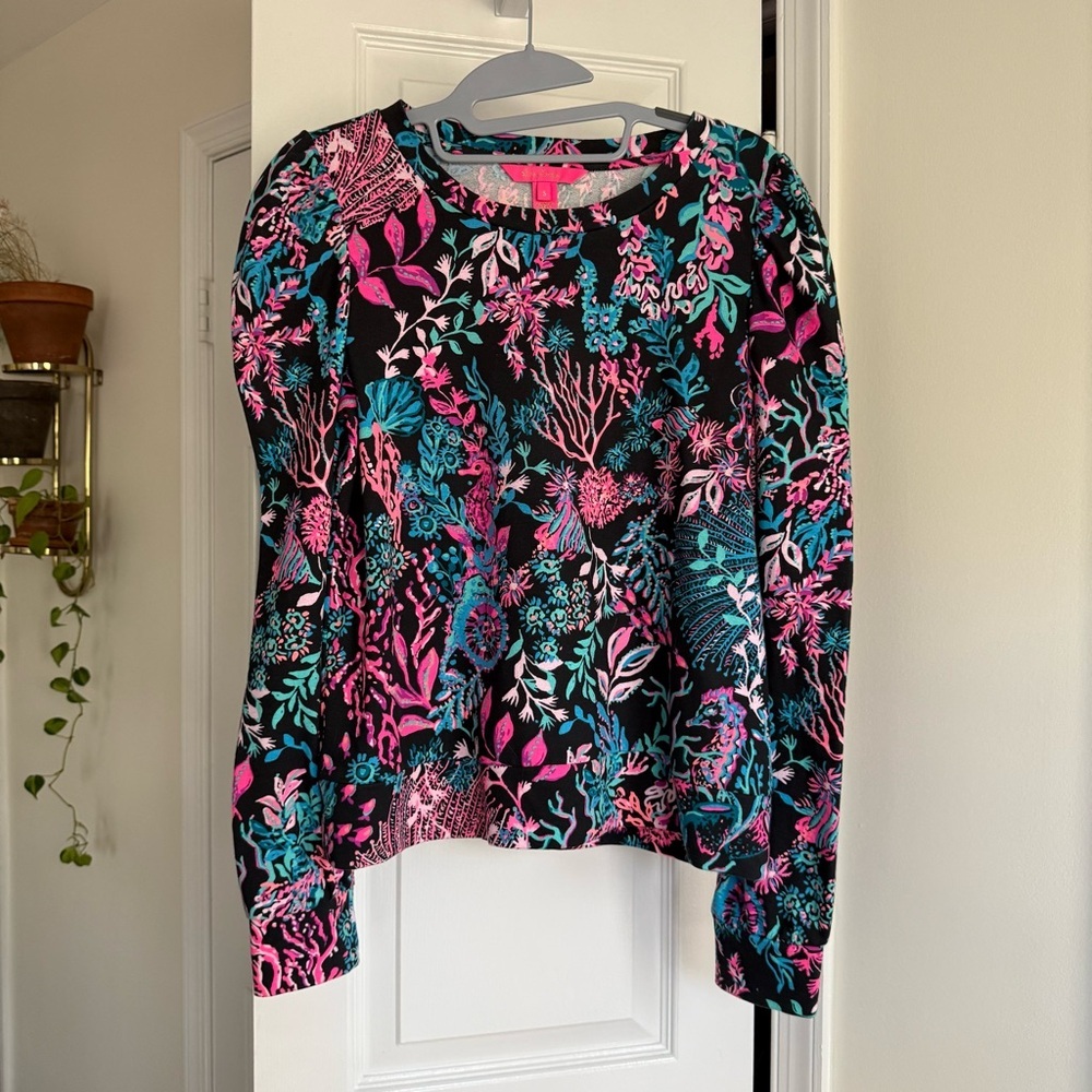 Lilly Pulitzer Jansen Puff Sleeve Sweatshirt Onyx Twilight Coral Cotton - Size S